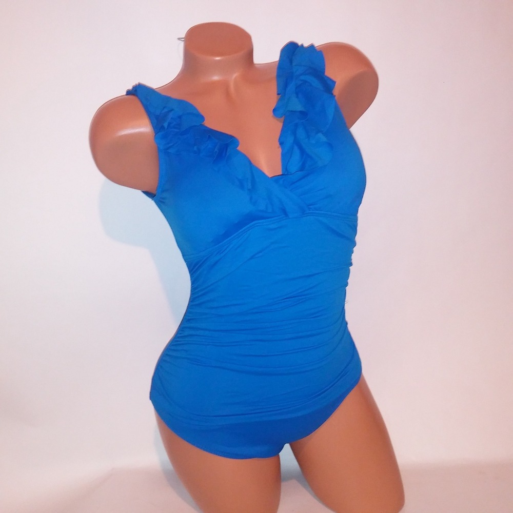 Ralph Lauren Swim One Piece Size 6 Solid Blue Ruffle Removable Padding Underwire